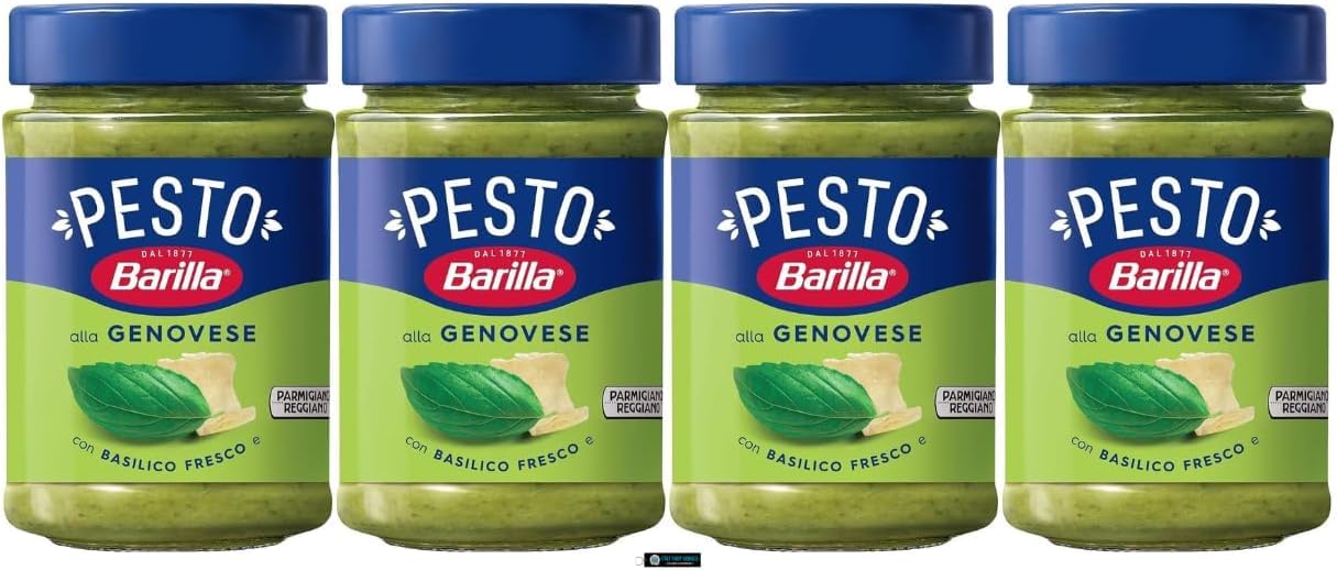 Barilla Pesto alla Genovese, Set 4 Vasetti da 190g, Salsa per Pasta Senza Glutine con Basilico Italiano e Parmigiano Reggiano, + portachiavi italy shop service