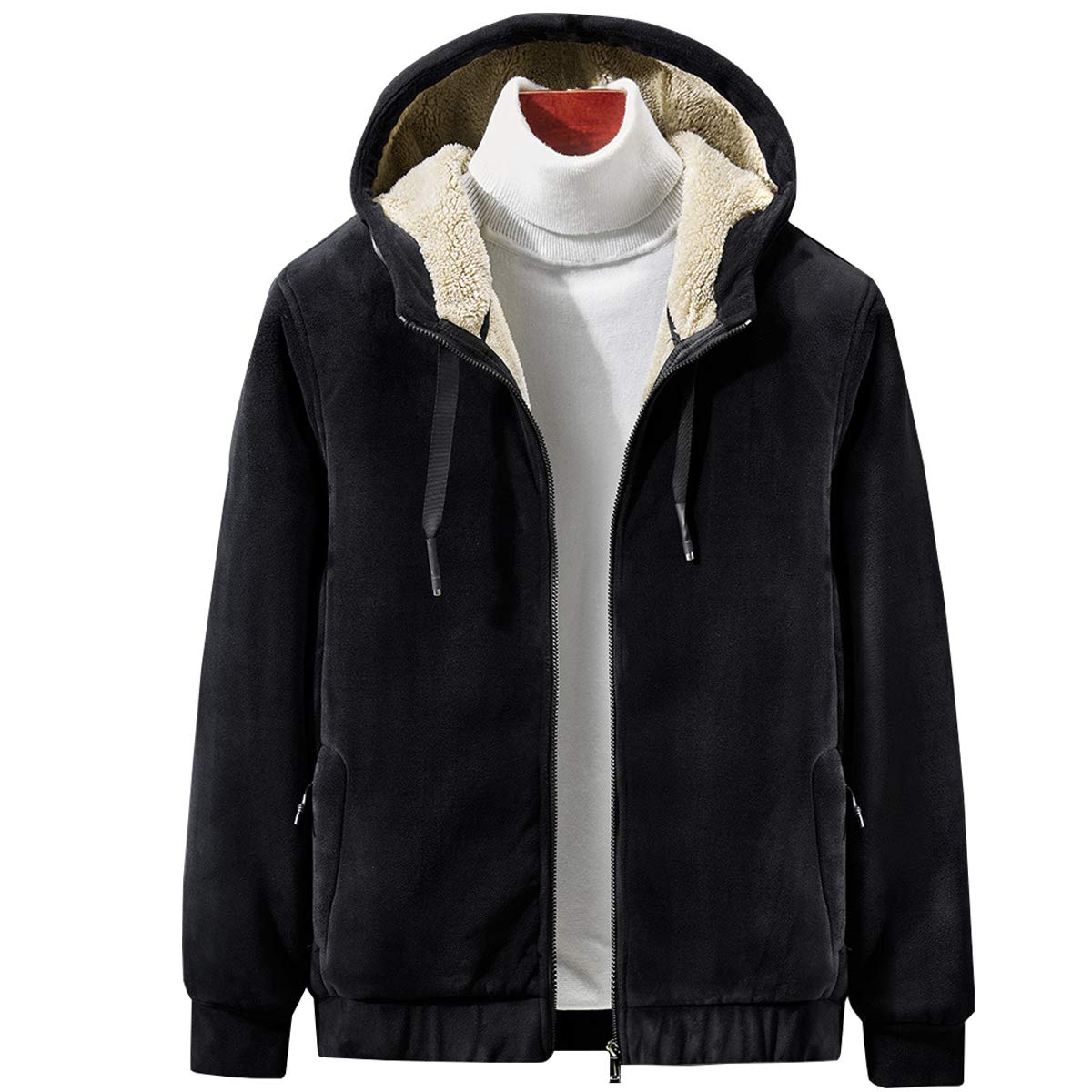 ELEFINEMen's Casual Sherpa Lined Full Zip Up Hoodies Fleece Sweatshirt Winter Warm Jacket black