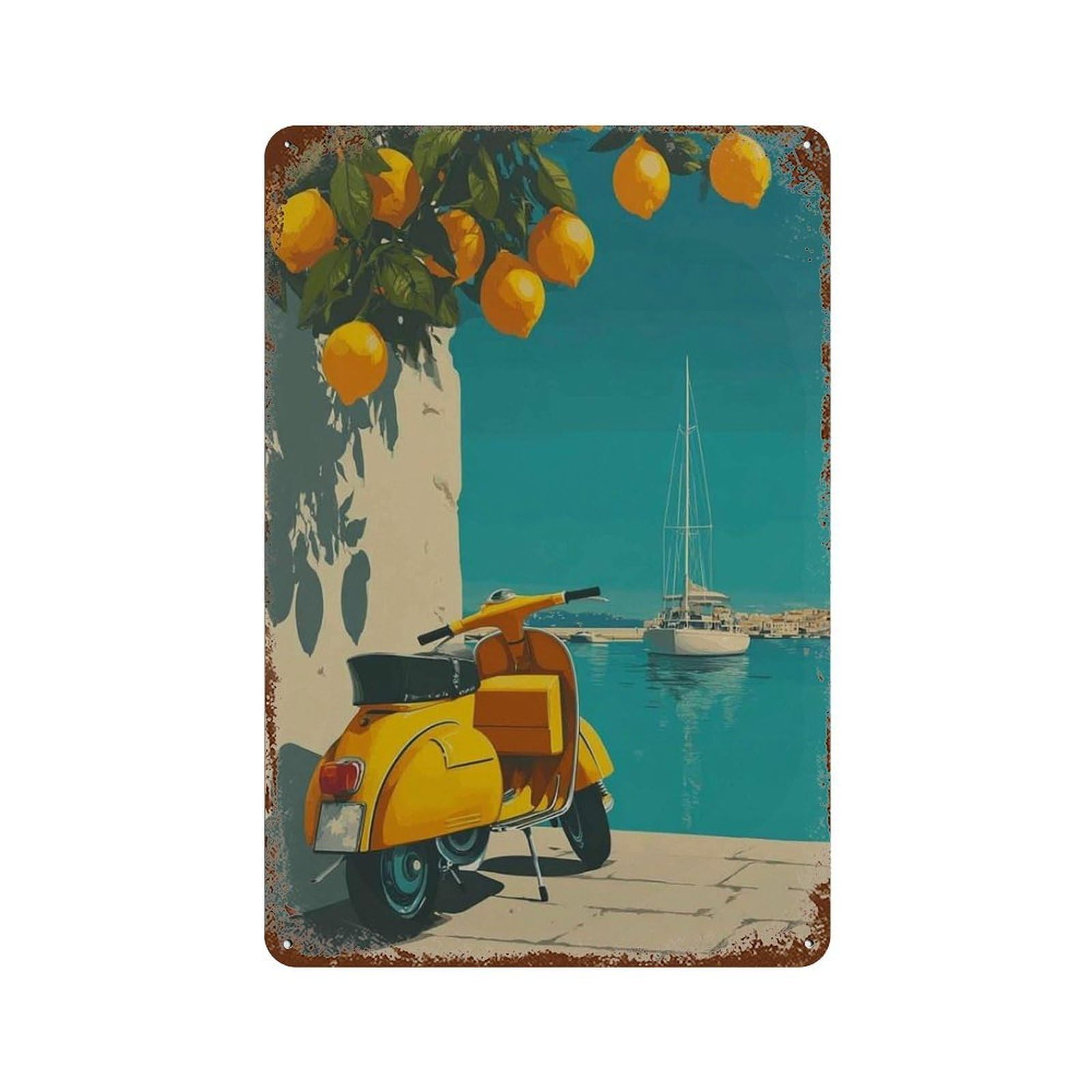 xiaoxiaoshen Retro Italian Vespa Scooter Amalfi Coast Travel Bright Yellow Coastal Wall Decor Art Metal Tin Poster Modern Home Decor Art Home Bar Shop Decorations Vintage Sign 30x20cm