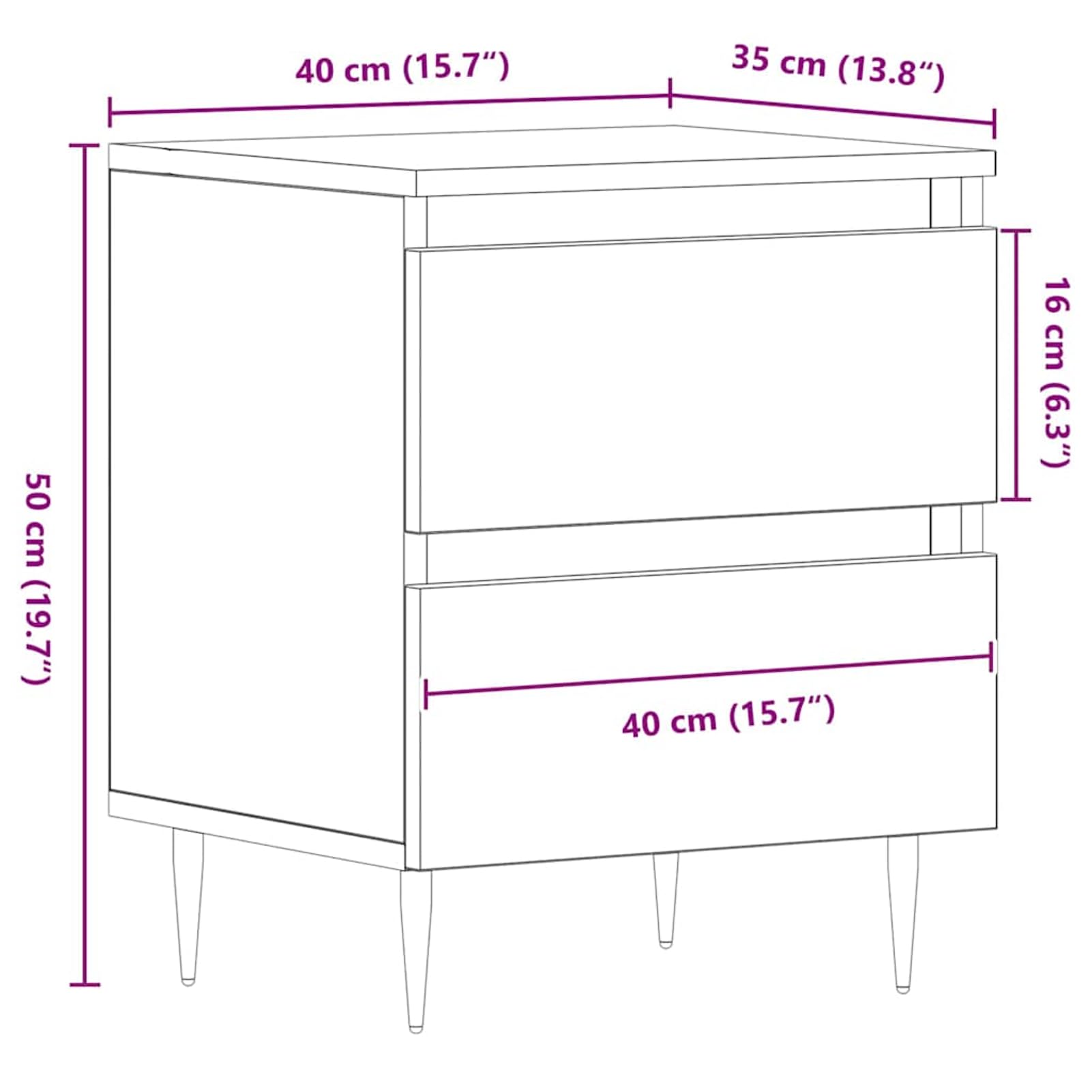 Nachttisch Schwarz Eichen-Optik 40x35x50 cm Holzwerkstoff mit 2 Schubladen | Modernes Design mit kegelförmigen Metallbeinen, langlebiger Holzwerkstoff, einfache Pflege mit feuchtem Tuch