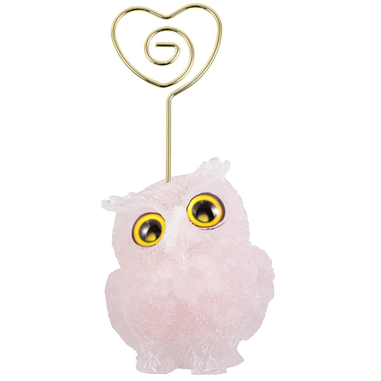 Sportmusies Resin Crystal Owl Table Card Holder, Gold Heart-Shaped Clip Picture Number Memo Stand for Wedding Birthday Party, Rose Quartz