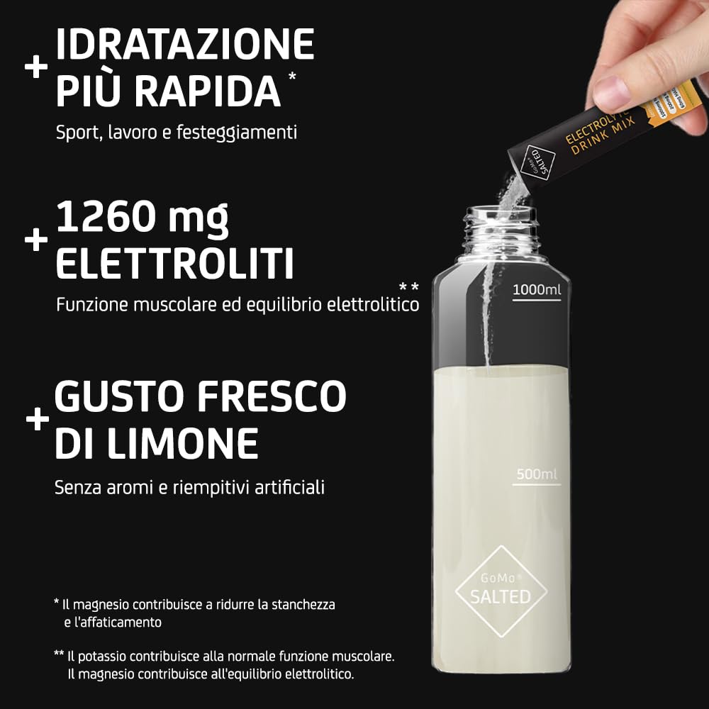 GoMo SALTED Hydration Aid | Elettroliti senza zucchero | migliore assorbimento dell'acqua e idratazione rapida | 30 porzioni singole di polvere elettrolitica con sale alpino svizzero | Gusto Limone
