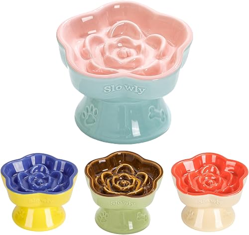 S&Q's CERAMICS Raised Slow Feeder Cat Bowl, Ceramic Elevated Glass Cat Food Bowl Small Dogs Slow Feeder Bowl, Flower Shaped Cute Cat Bowl for Dry and Wet Food (Pink, 5.8")