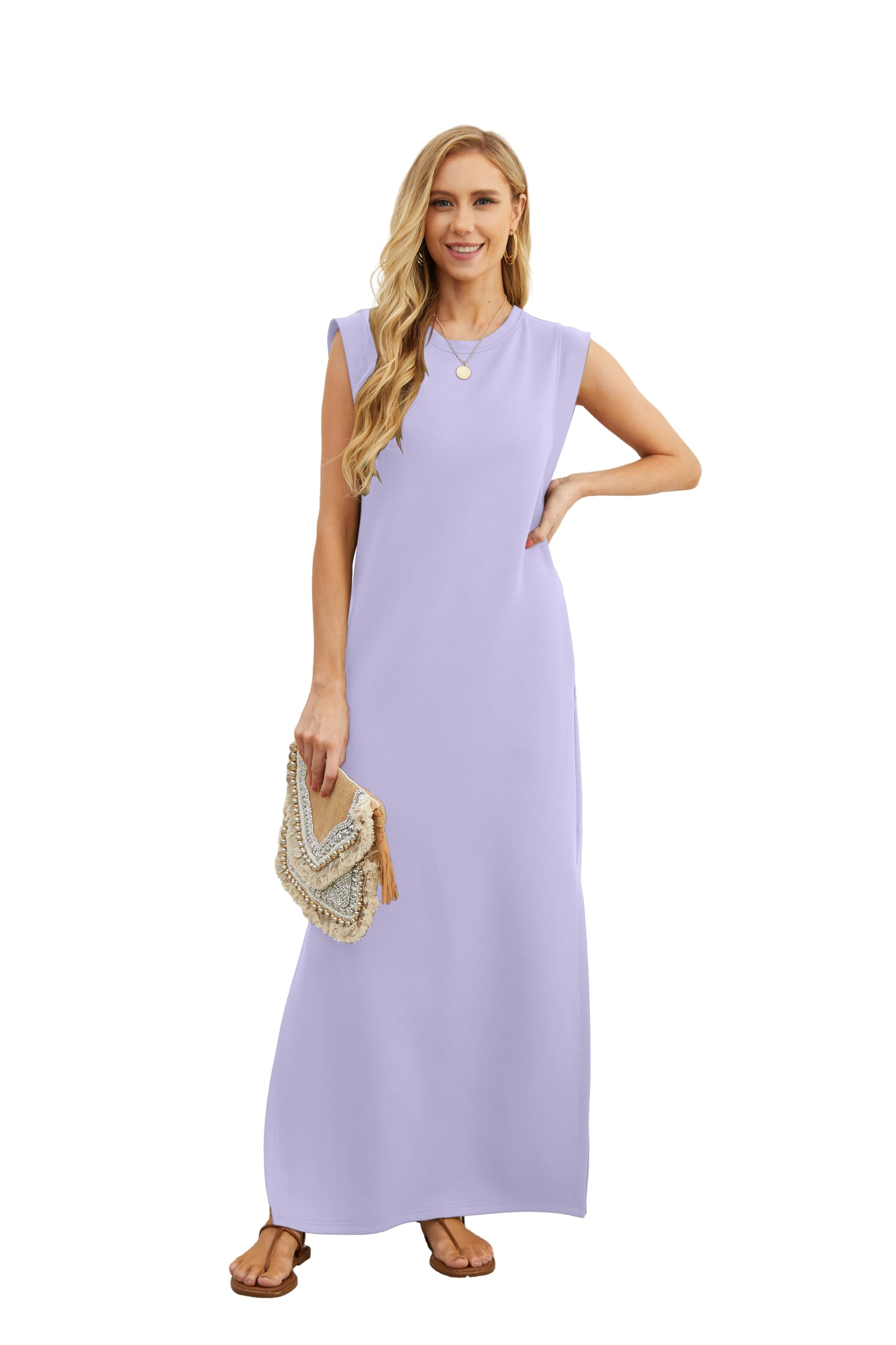 GRECERELLE Womens Summer Maxi Dress Casual Shirt Dresses Elegant Styles Basic Sleeveless Maxi Dresses for Women UK with Split and Pockets