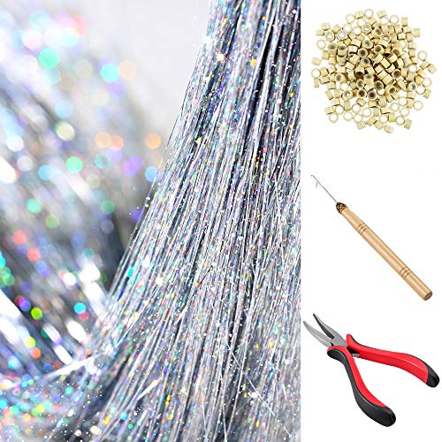 Hair Tinsel Strands Kit, Tinsel Hair Extensions, Fairy Hair Tinsel Kit for Women Girls with Tools (1200 Strands, Silver+Beige Silicone Link Rings Beads)