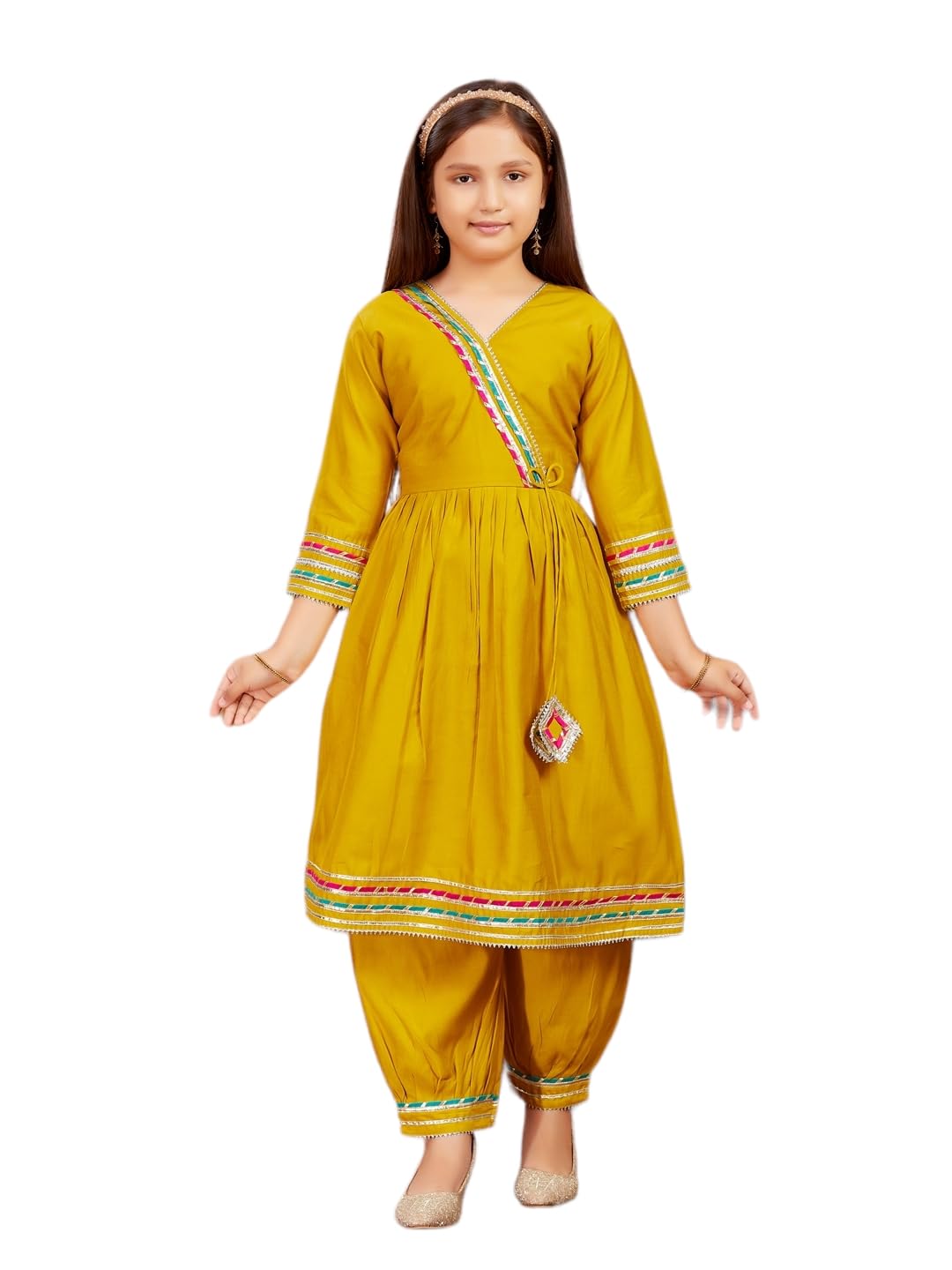 Aarika Girls Ethnic Wear Yellow Colour Solid With Gota Lace Work Silk Kurti Patiala Set (5-11 Years)