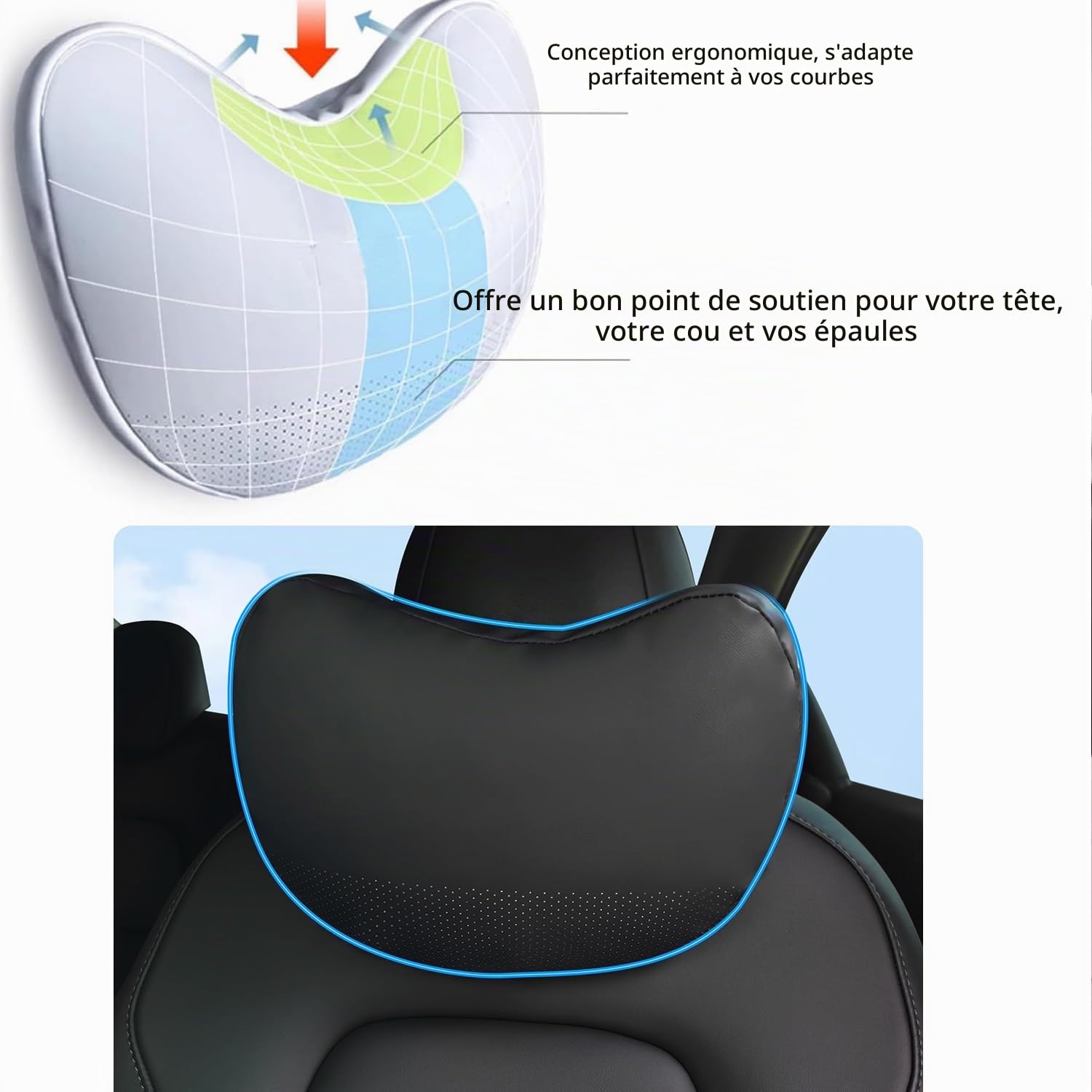 TOPABYTE Oreiller Appuie-tête de Voiture en Cuir Nappa Véritable Coussin de Soutien du Cou pour Accessoires de Siège Coussin Appuie-Tête pour la Conduite et Les Voyages, 2 PC, Noir