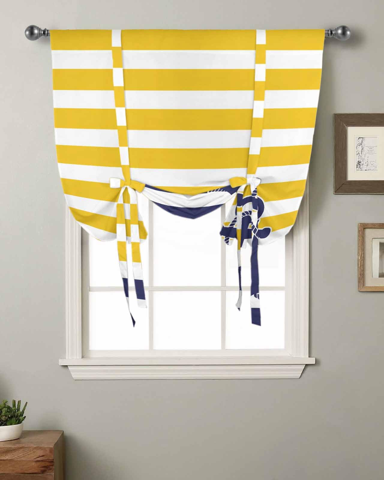 Blue Yellow Stripe Tie Up Curtains for Windows 45 Inch Length Balloon Curtains Kitchen Adjustable Balloon Window Shade Nautical Anchor Summer Modern Coastal Tie Up Bathroom Curtain Window 34