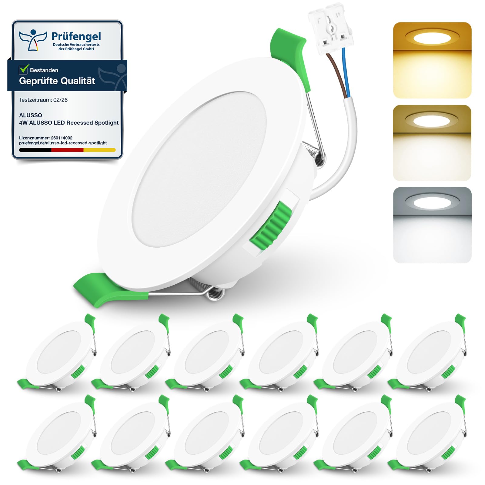 ALUSSO 12 Stück Einbaustrahler Led 68mm,4W LED Einbaustrahler Dimmbar AC 220-240V,Warmweiß 3000K Neutralweiß 4000K Kaltweiß 6500K IP44 Deckenspots für Badezimmer Küche Wohnzimmer,Weiß