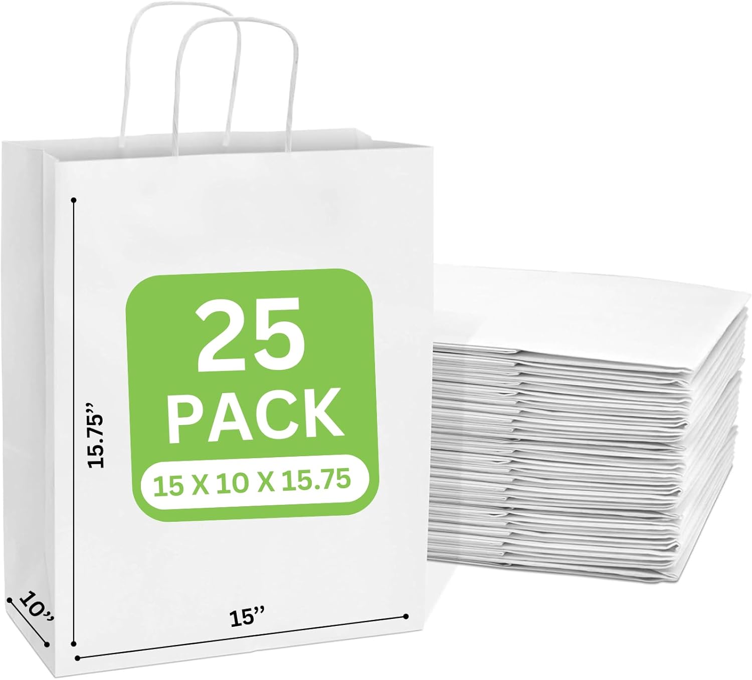 JET PAPER BAGS - 15”x10”x15.75” [25 Pcs] Large White Paper Bags with Handles Prime for Takeout, Grocery, Goody, Retail, Party, Gifts, Weddings - Recyclable Kraft Paper Gift Bags with Handles