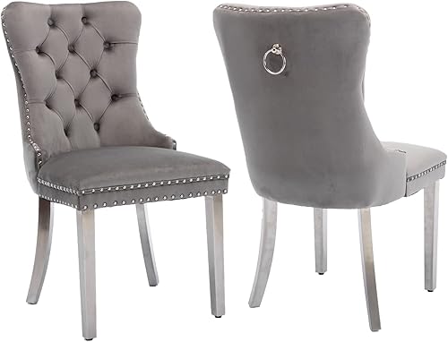 Miniatura 34 de Juego de 4 sillas de comedor de terciopelo beige, sillas tapizadas modernas para comedor con respaldo capitoné y acentos de madera, patas curvas de