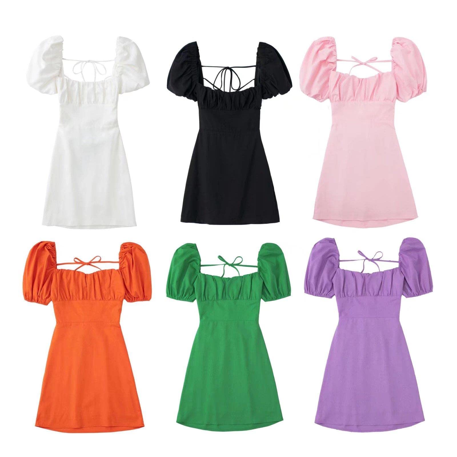 Abito da donna alla moda con scollo quadrato senza schienale maniche a sbuffo busto elasticizzato e vita abito corto bianco estivo
