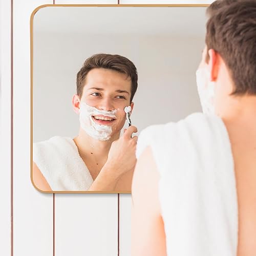 Miniatura 4 de QEQRUG Espejo de pared para tocador de baño, 22 x 30 pulgadas, marco dorado, espejo rectangular para montar en la pared con esquina redondeada