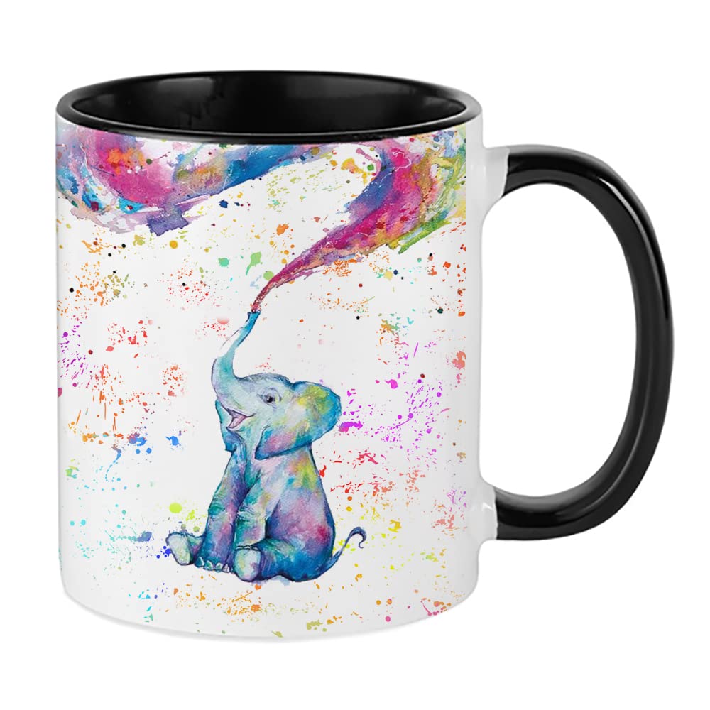 Cute Baby Elephant Design Water Colour Painting Rainbow Art Birthday, Christmas, Secret Santa Coffee Tea Cocoa Soup Daily use Inside Coloured Ceramic Cup Mug. (Black)