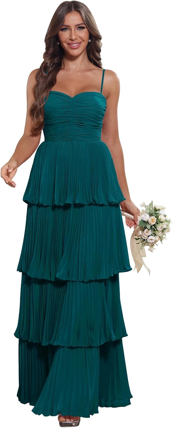 Tiered Pleated Ruffle Bridesmaid Dresses 2026 Long Chiffon A Line Sweetheart Formal Wedding Guest Gowns