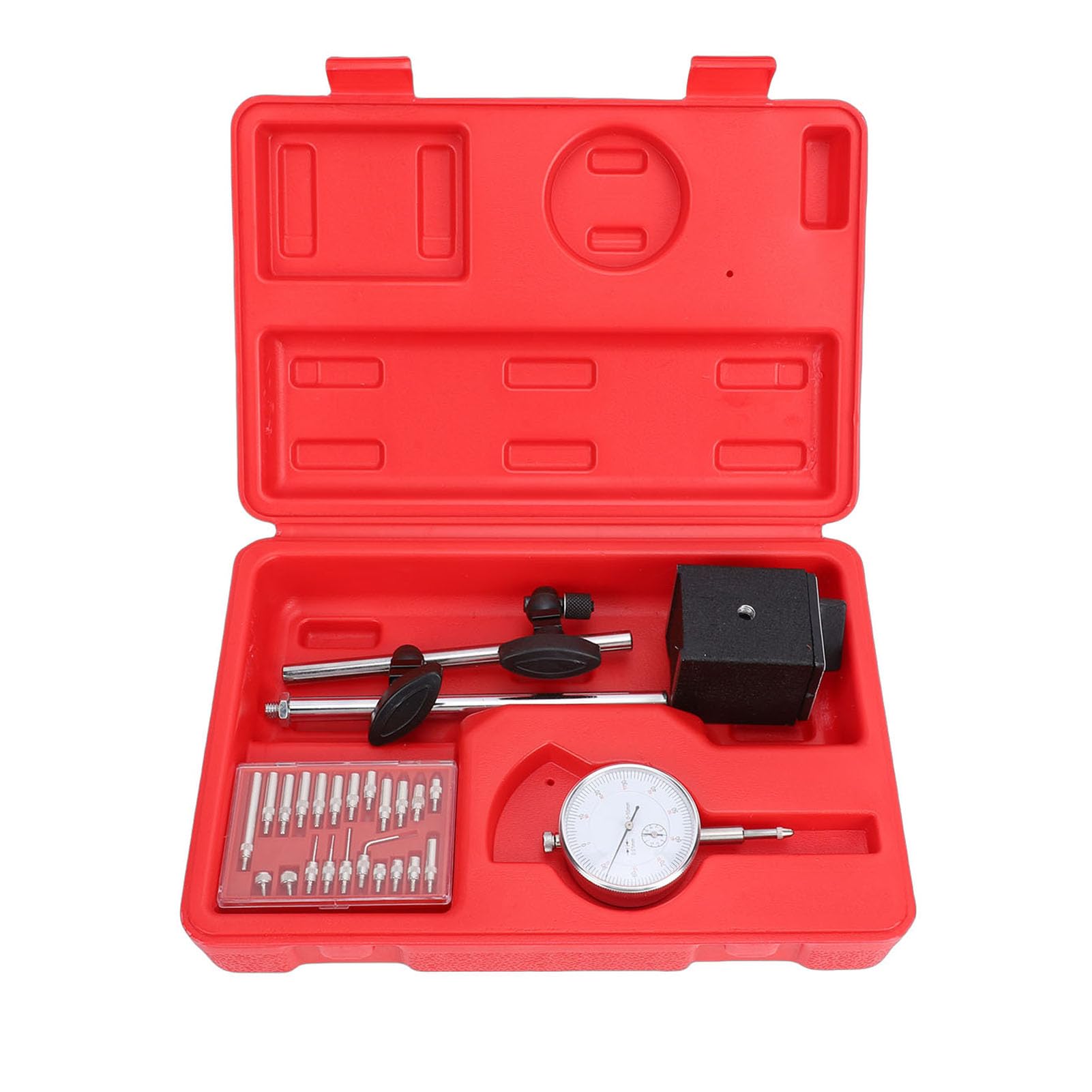 Ausla Set Comparatori a Quadrante, Comparatore per Test a Quadrante in Acciaio Legato con Base Magnetica, Gamma 0-10 Mm, Risoluzione 0,01 Mm, Braccio Regolabile e 22 Accessori per la Produzione di
