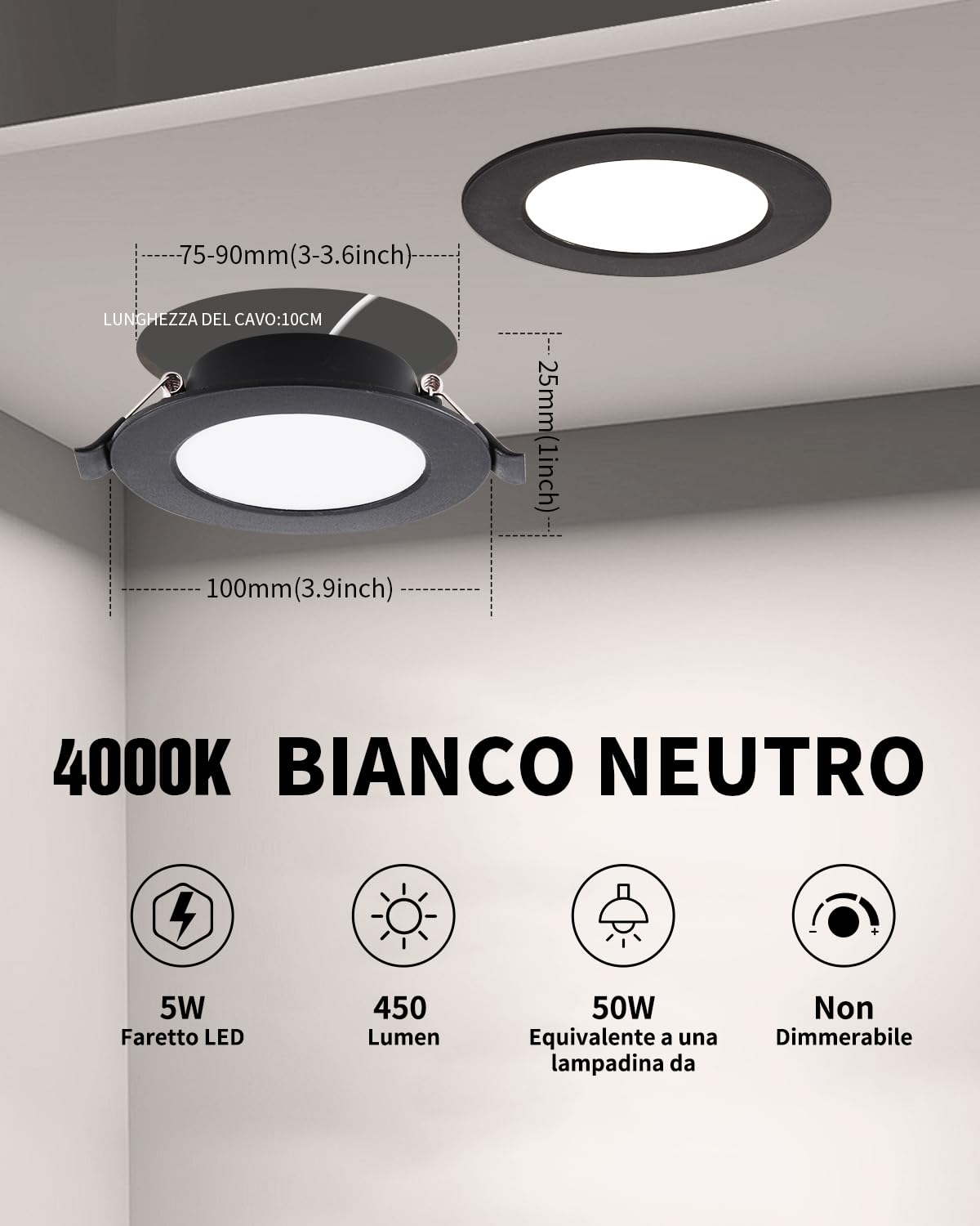 10 Pezzi Faretti LED da Incasso per Cartongesso 5W, Faretti da Soffitto, Nero, Bianco Natural 4000K, Ultra Sottile 25mm, Faretto led incasso IP44 per Bagno Cucina, Foro Ø75-90mm, AC 220-240V