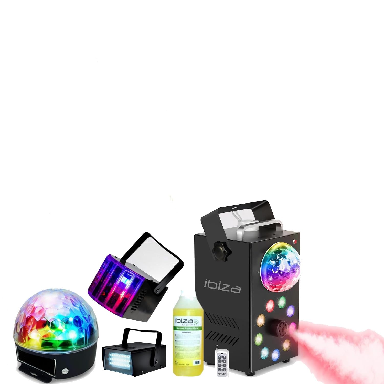 Générique Pack Lumières IBIZA LIGHT - Ensemble Jeux Lumières Stroboscope Astro Derby - Machine Fumée LEDS RGB FOGGY-ASTRO Soirée Cadeau Fête