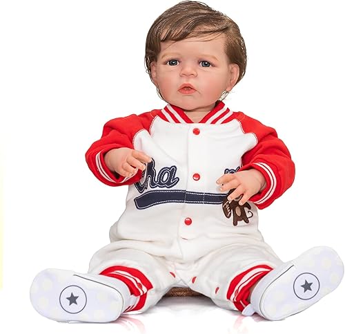 Miniatura 3 de iCradle Muñeca Reborn para niño de 24 pulgadas, muñeca de bebé Reborn de silicona, pelo castaño con ojos azules, muñeca hecha a mano con peso para