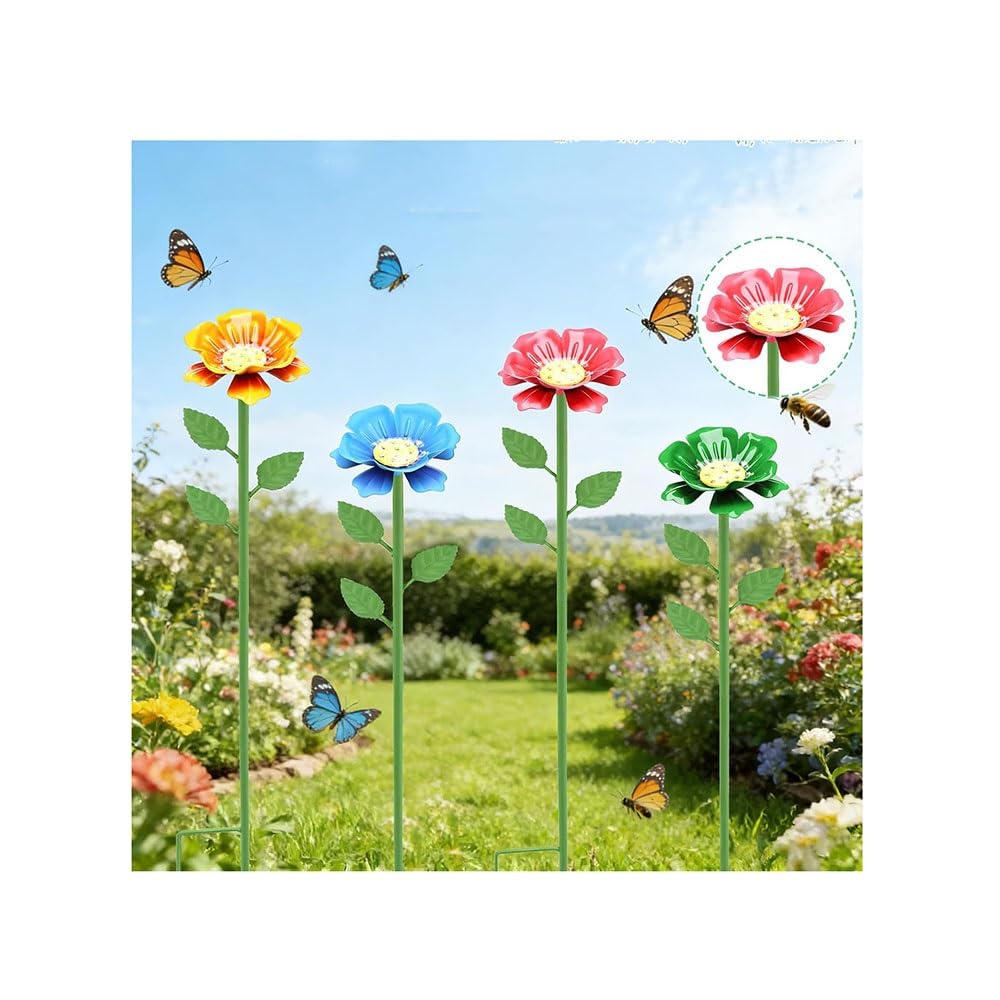 Confezione da 4 picchetti in metallo per mangiatoia d'acqua, decorazione da giardino per esterni, margherite colorate per api, farfalle, uccelli, prato e patio