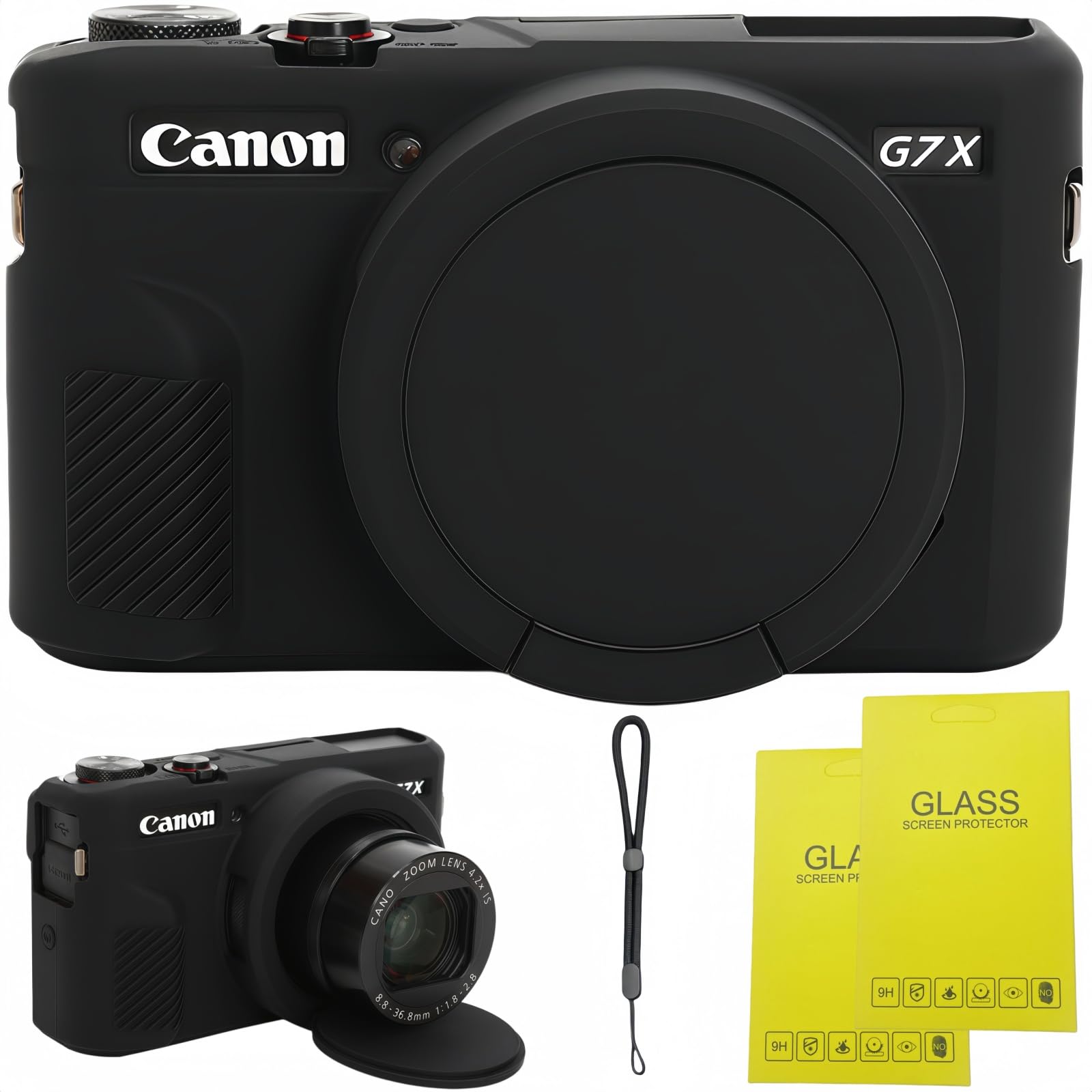 Etui do aparatu Canon G7 X Mark II, miękkie silikonowe etui ochronne z ulepszoną konstrukcją otwieraną w dół, obiektyw w pełni przezroczysty, zawiera 2 ochraniacze ekranu i 1 pasek na nadgarstek