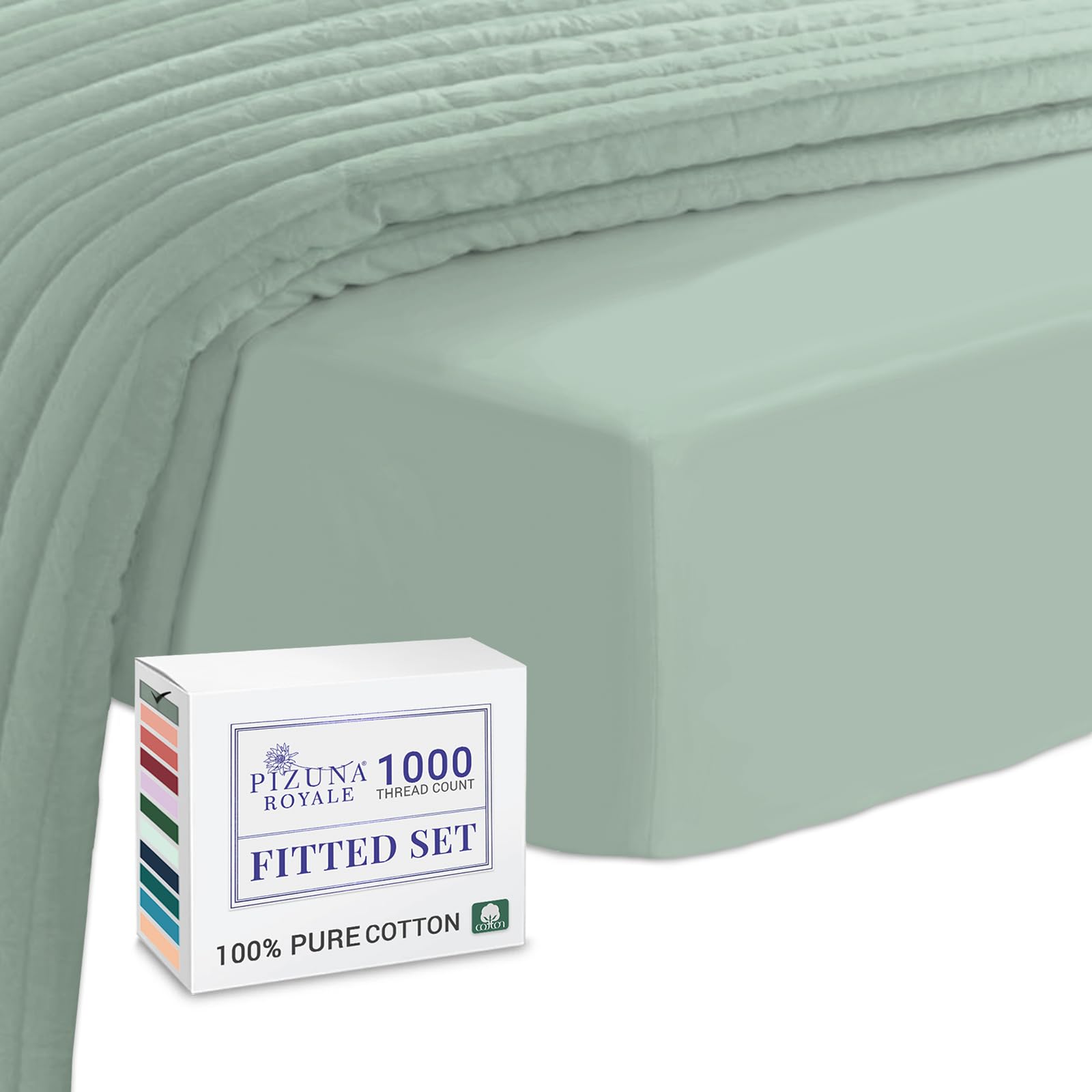 Pizuna Luxurious Cotton Super King Fitted Sheet Seafoam Sage, 1000 Thread Count 100% Long Staple Cotton Superking Fitted Sheet 180x200 cm, Sateen Weave Thick Sheet Extra Deep 40 cm Fit - 1 PC