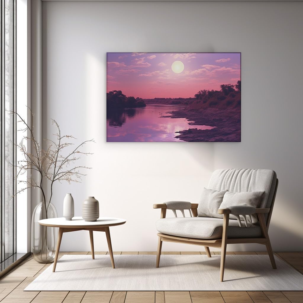 Canvas for Living room. Twilight Reflections on Serenity's Stream - Capturing Nature's Enchanting Hues, 27 x 18 inch Canvas Wall Art - Ready to Hang - 69x46 cm (27x18 inch)