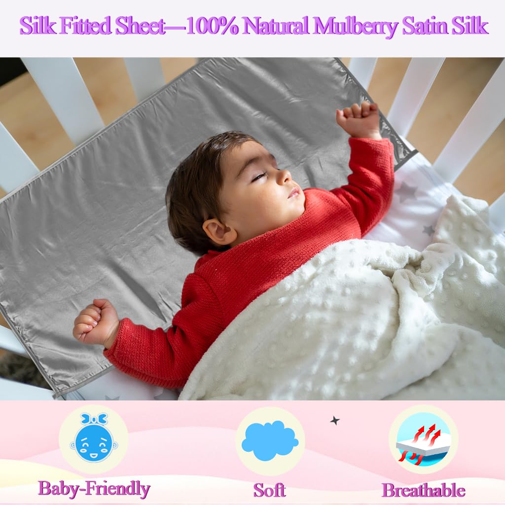 Okueejur 2 Pcs Satin Bassinet Sheet Baby Hair Protect Soft Silk Feeling Sheet Baby Bassinet for Rectangle Cradle Pad Mattress Newborn Infant (Blue+Grey) - Image 4