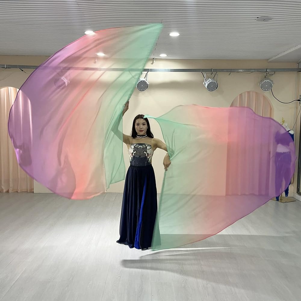 2 Sets of 55 x 78" Dance Metallic Semicircle Worship Angel Wing Flags with Scalable Rods - Praise Flags Worship Silk Flex Flag for Dance Church Performance (green-orange-purple)