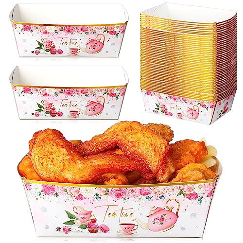 Blulu 50 Pieces Floral Party Paper Food Trays Bulk Flower Tea Food Boats Disposable Snack Holder Trays for Women Girls Spring Birthday Party Baby Shower Bridal Shower Wedding Supplies (Tea Time)