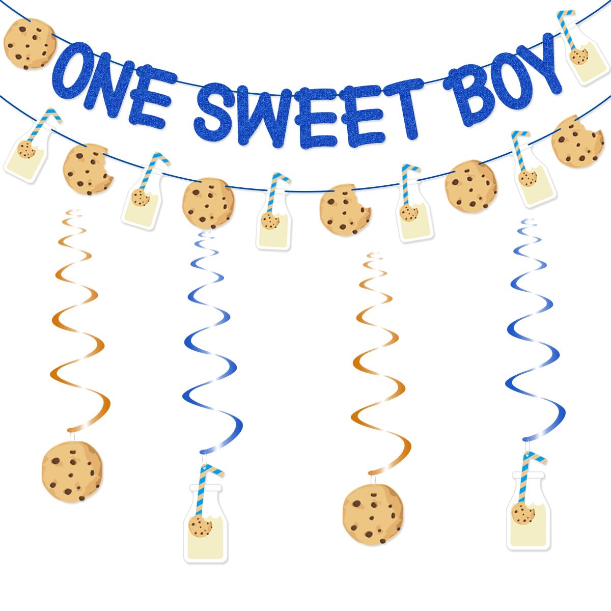 One Sweet Boy Banner Garland Hanging Swirls for Milk and Cookies 1st Birthday Party Decorations