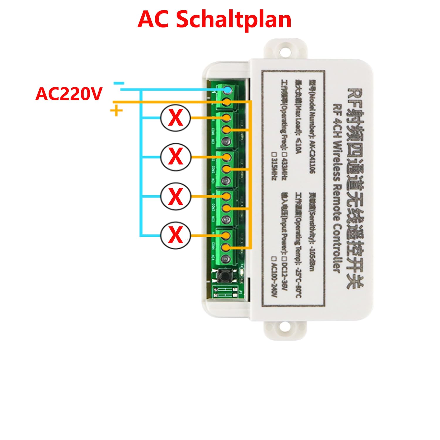 Fubei Interrupteur 220 V 230 V 10 A Télécommande sans fil 4 canaux RF Système récepteur 220 V Interrupteur relais 4 canaux Télécommande 433 MHz NO NC COM libre de potentiel