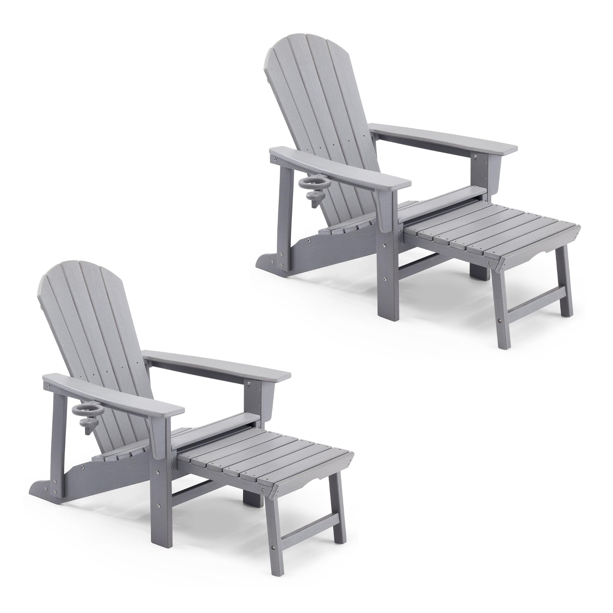 VonHaus Set of 2 Grey Adirondack Chair & Folding Foot Stool - Waterproof HDPE Garden Chair & Lounger with Foldable & Sliding Foot Rest, Wide Armrests & Sloped Back - For Patio, Balcony & Outdoors
