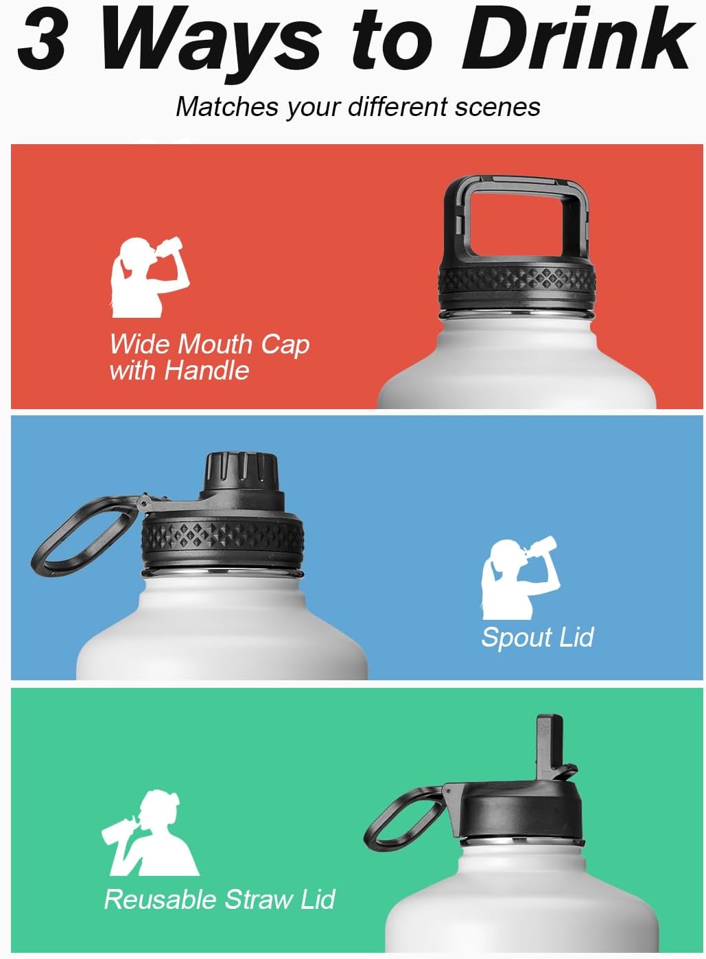 Coolflask 128 oz Gallon Water Bottle Insulated with Straw &3 Lids, Water Jug Large Stainless Steel Metal Vacuum Wide Mouth for Sports, Gym or Office, Non-BPA Keep Cold 48H Hot 24H, White