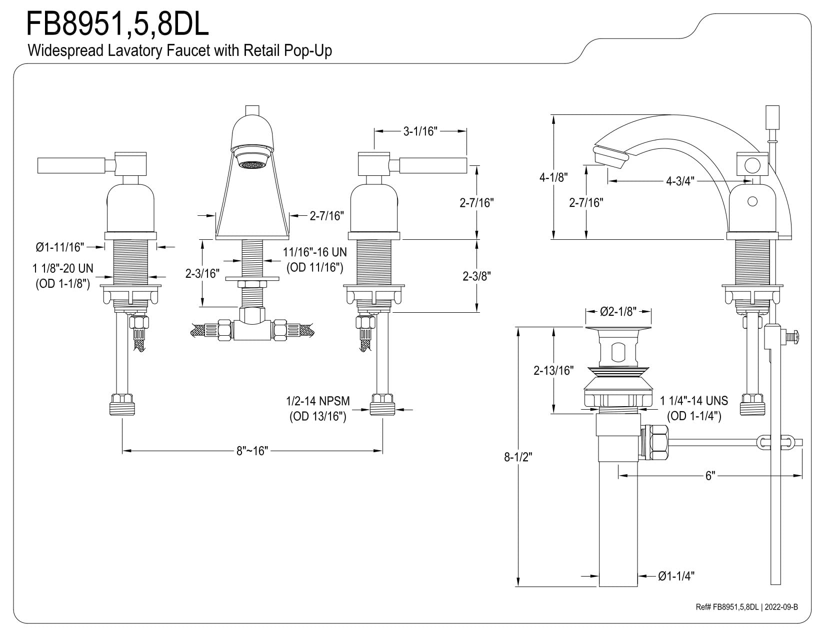 Kingston Brass FB8951DL Llave de Lavabo Amplia de 10,16 a 20,32 cm con Ventana emergente, Cromo Pulido