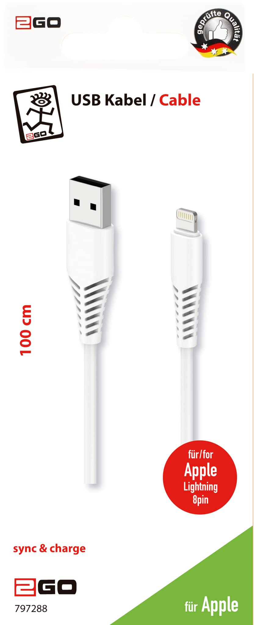2GO Charging/Data Cable Compatible with Apple Lightning 1 m White