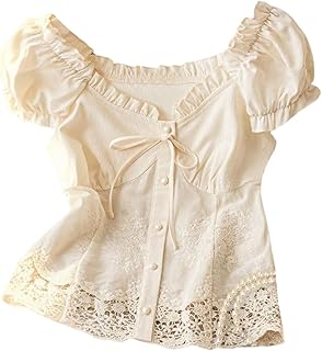 Blusa de verano con cuello corazón y lazo frontal para mujer, manga abombada, bordado floral, botones