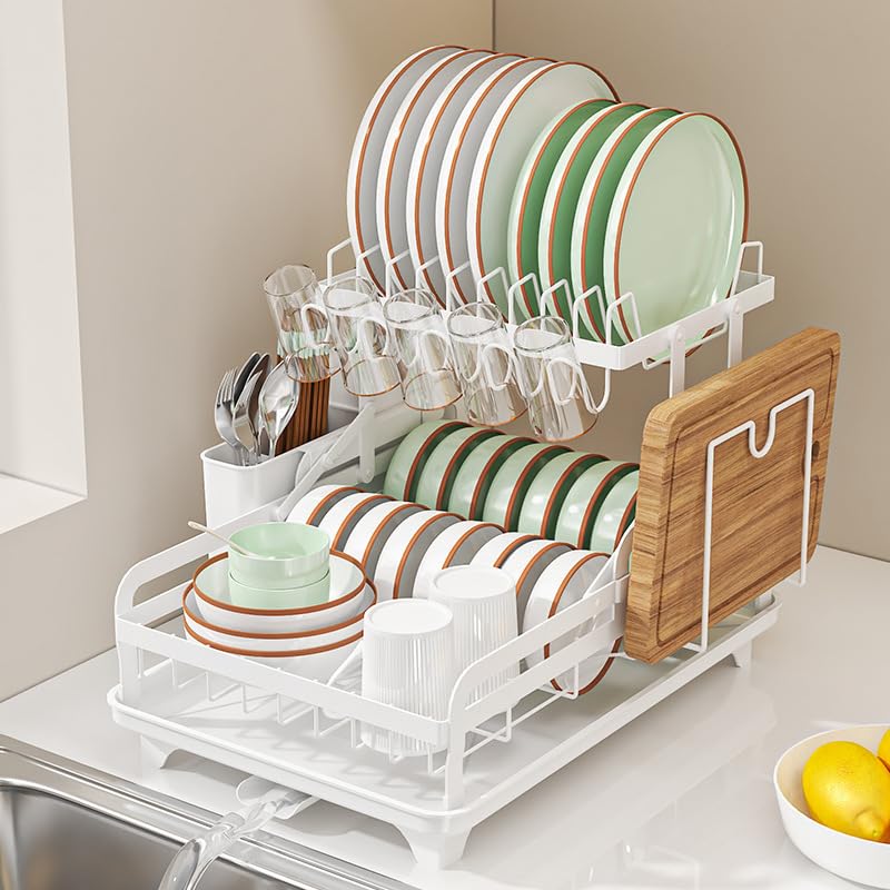 Image of HomeCloud 2 Tier Large Dish Drying Stand, Kitchen Dish Drainer with 360 Flexible Draining Board for Counter - Sink Drainer with Drip Tray, Utensil Holder, Cup Organizer (White)