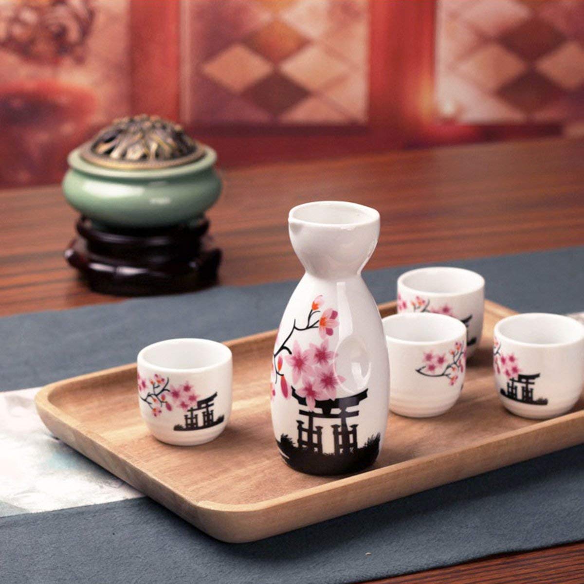 Lawei Set di sake giapponese in ceramica, 5 pezzi, motivo: fiori rosa