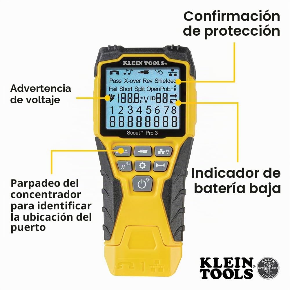 Klein Tools VDV501-851 | Kit Probador De Cables Ethernet Scout Pro 3 Con Mandos Y Adaptador | Prueba Datos Telefonia Y Coaxial | Medida Longitud Hasta 610 M | Pantalla Retroiluminada