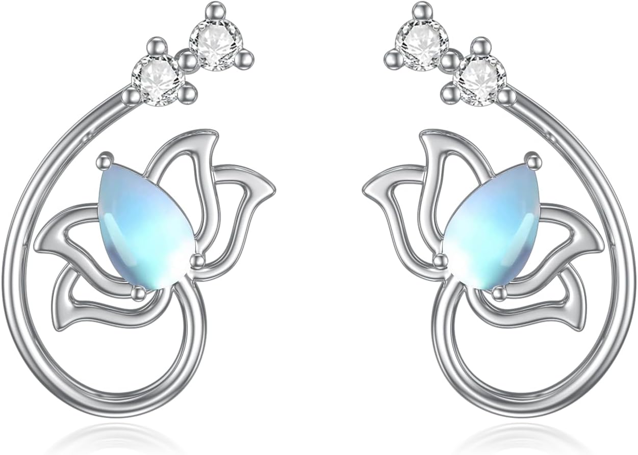 Lotus Flower Stud Earrings Sterling Silver Lotus Moonstone/Turquoise Cuff Earrings Hollow Lotus Jewelry for Women Girls
