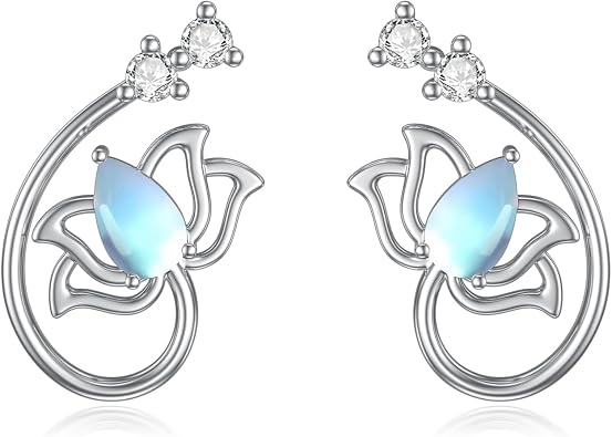 Lotus Flower Stud Earrings Sterling Silver Lotus Moonstone/Turquoise Cuff Earrings Hollow Lotus Jewelry for Women Girls