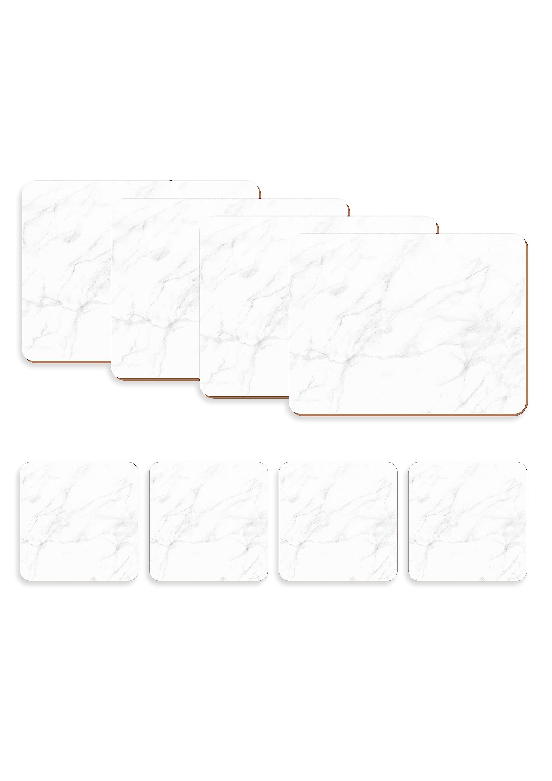 Naivasha Homeware Placemats and Coasters Set of 4 - Heat Resistant, Waterproof, Non-Slip Cork Table Mats in Matte Finish, Elegant Placemats & Coasters for Cups, Mugs, Plates & Pans - White Marble