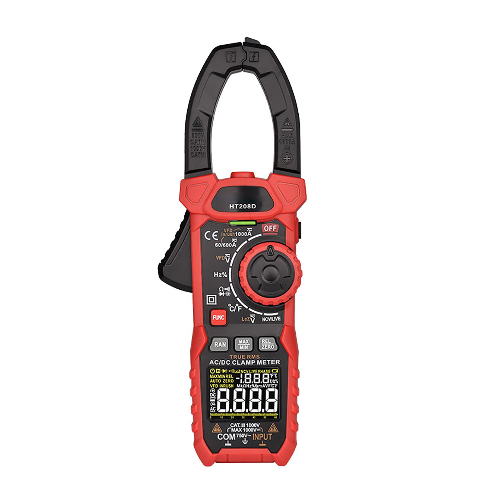 Pinza Amperometrica Digitale 6000 Conteggi NCV Tester di Tensione Senza Contatto Ganascia da 40 Mm, con Corrente CA CC Tensione Resistenza Capacità Temperatura (HT208D senza batteria (1000