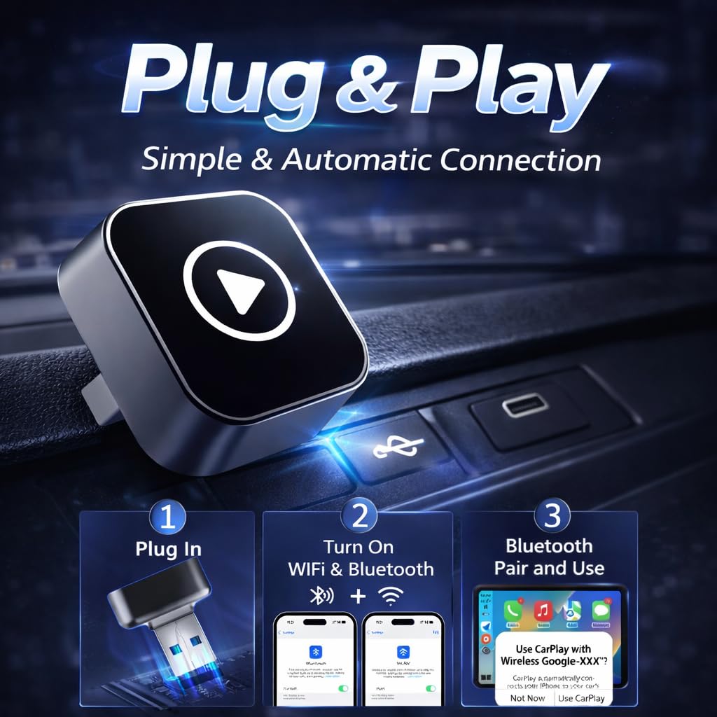 Wireless CarPlay/Android Auto Converter – 2026 Plug-and-Play Adapter for Turning Wired CarPlay & Android Auto into Wireless, UK Version (SBR01) — view 2