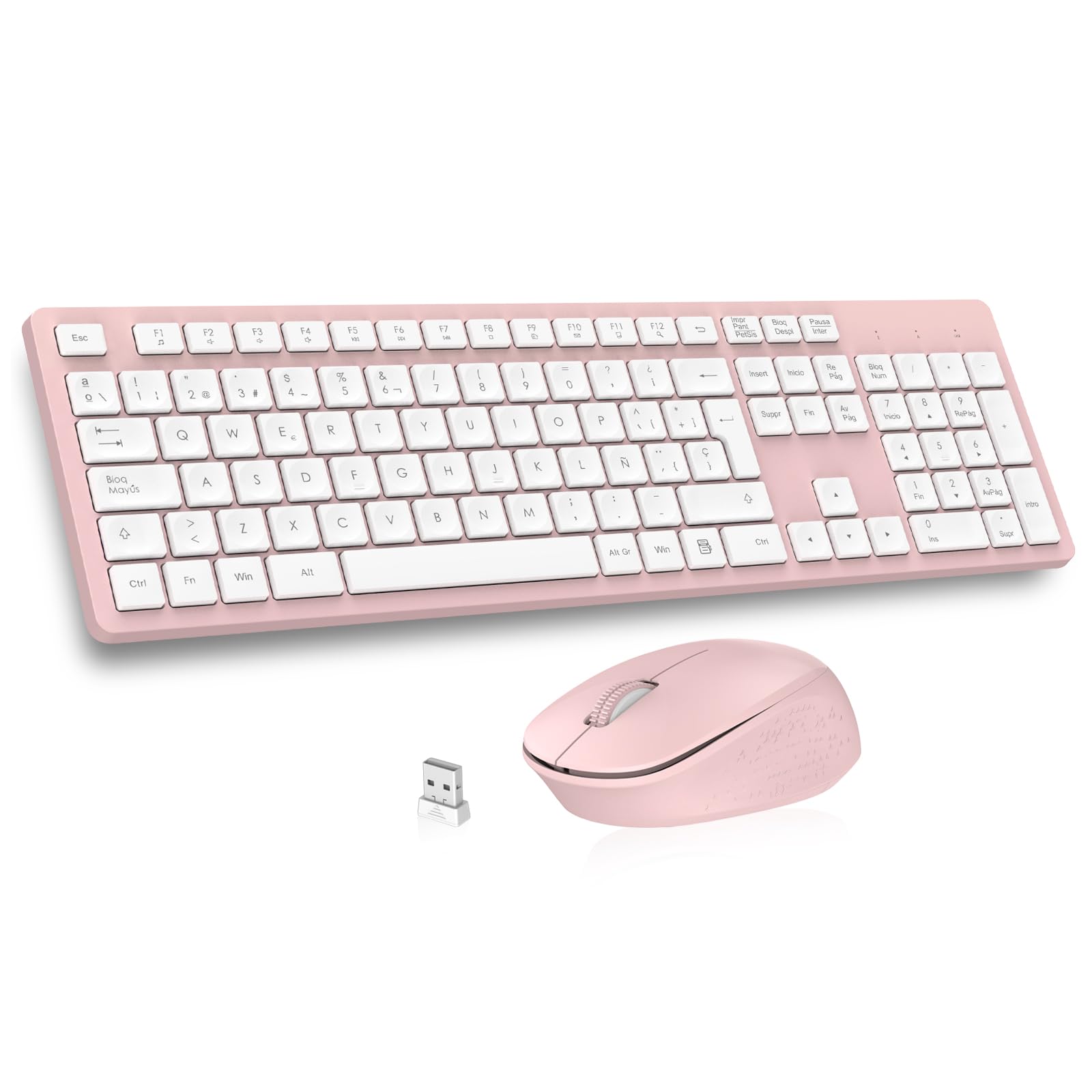 LeadsaiL K786 Teclado y Raton Inalámbrico QWERTY Español, 2.4G Pack Teclado Raton Inalambrico, Ergonómico, Receptor USB 2 en 1, Tamaño Completo Teclado y Mouse para Mac, PC, Ordenador Portátil-Rosa Global Recycled Standard Global Recycled Standard Global Recycled Standard
