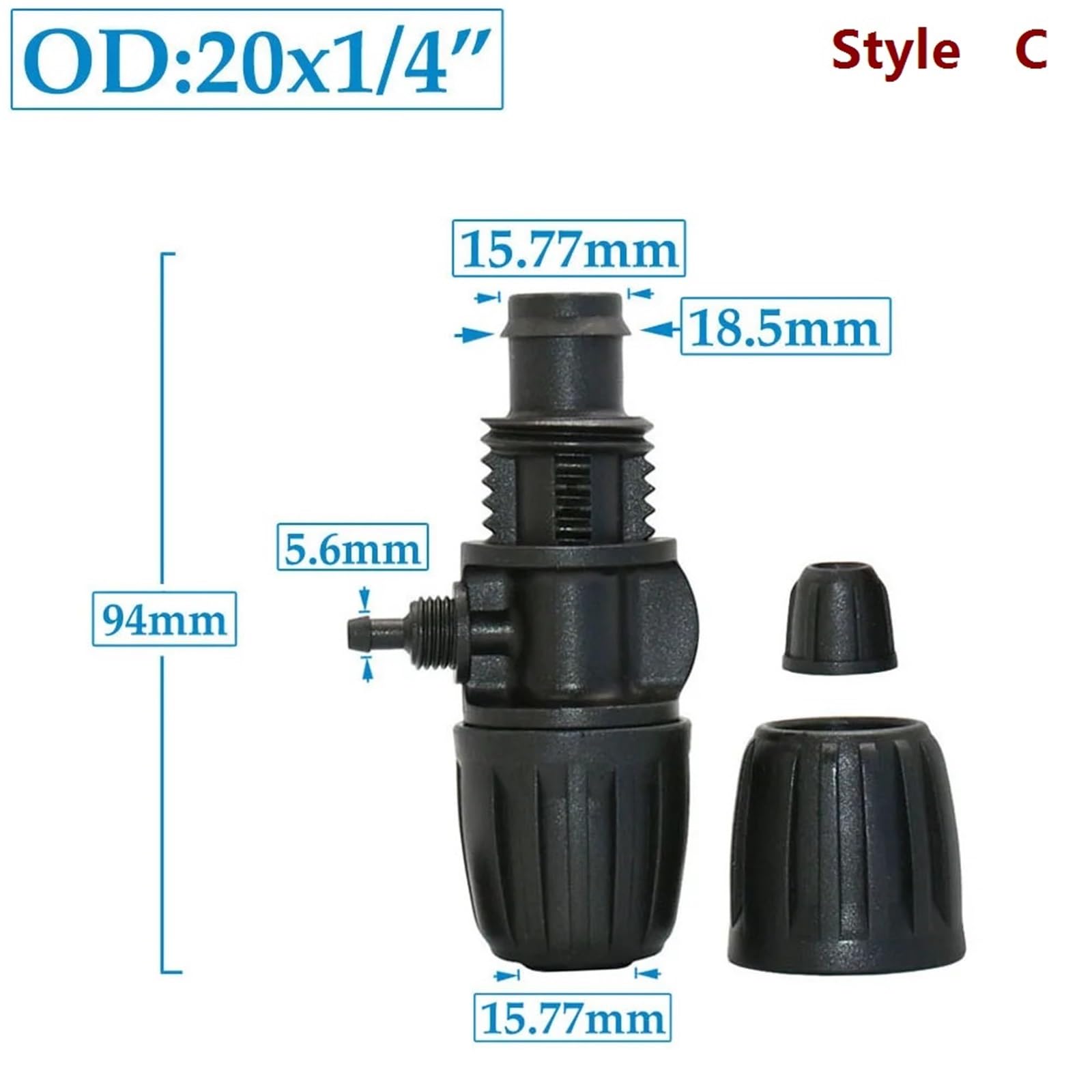 1 pieza de conectores de manguera de PE de 16 mm, 20 mm a 1/4", conector divisor de agua de 1/2/4 vías, tuerca de seguridad de acoplamiento de tubería reducida de 1/2, 3/4 a 4/7 mm(Style C)