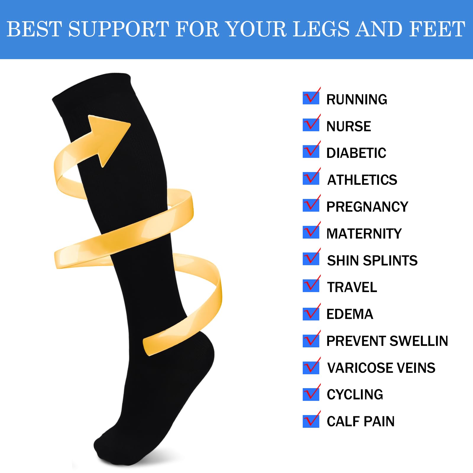 3 Pares Calcetines de Compresión Hombre Mujer,para Enfermeros, Correr, Maternidad, Vuelos, Viajes, Deportes,Ciclismo,Tallas Uniformes