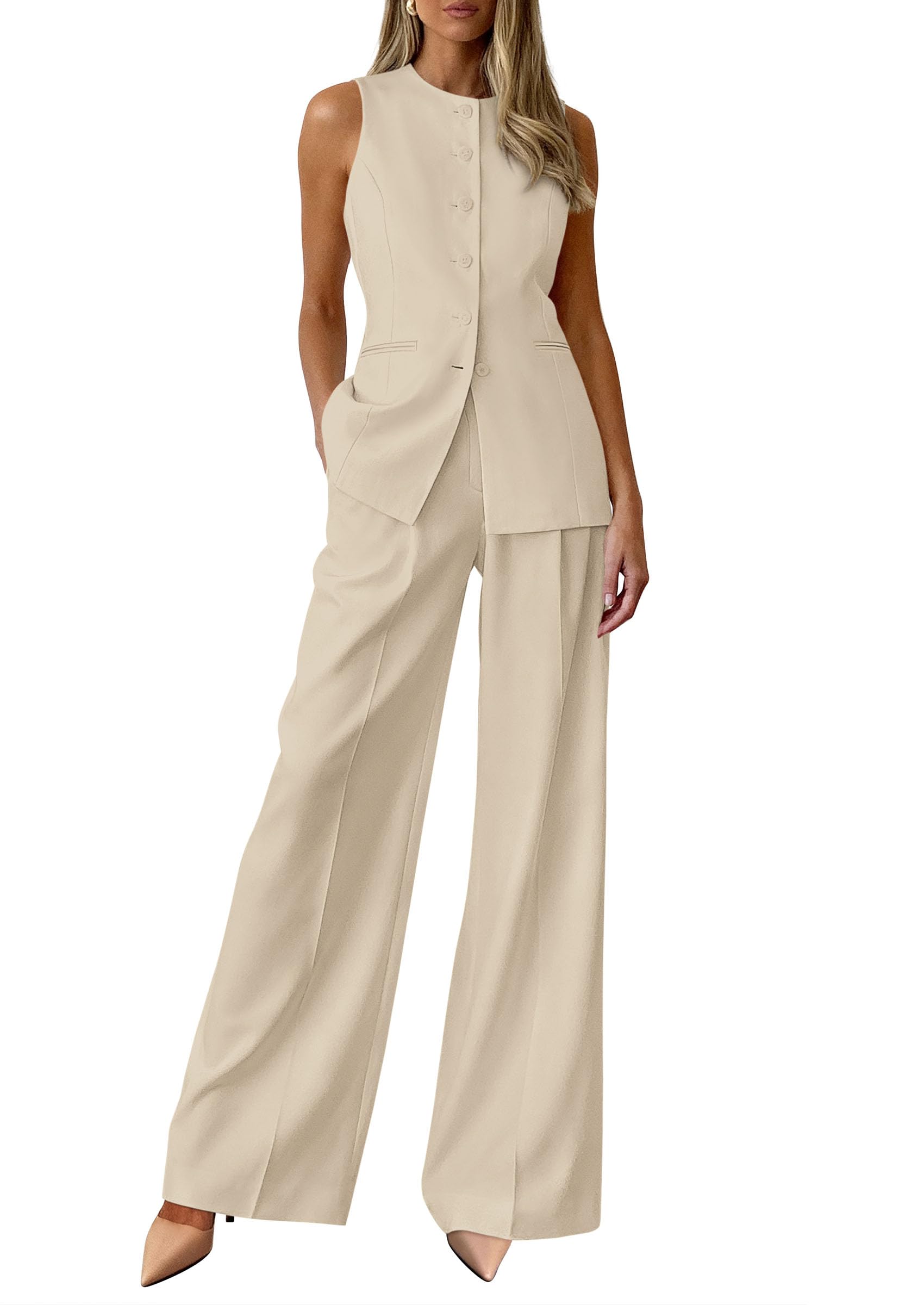 PRETTYGARDEN Sleeveless Blazer Vest and Pants Set