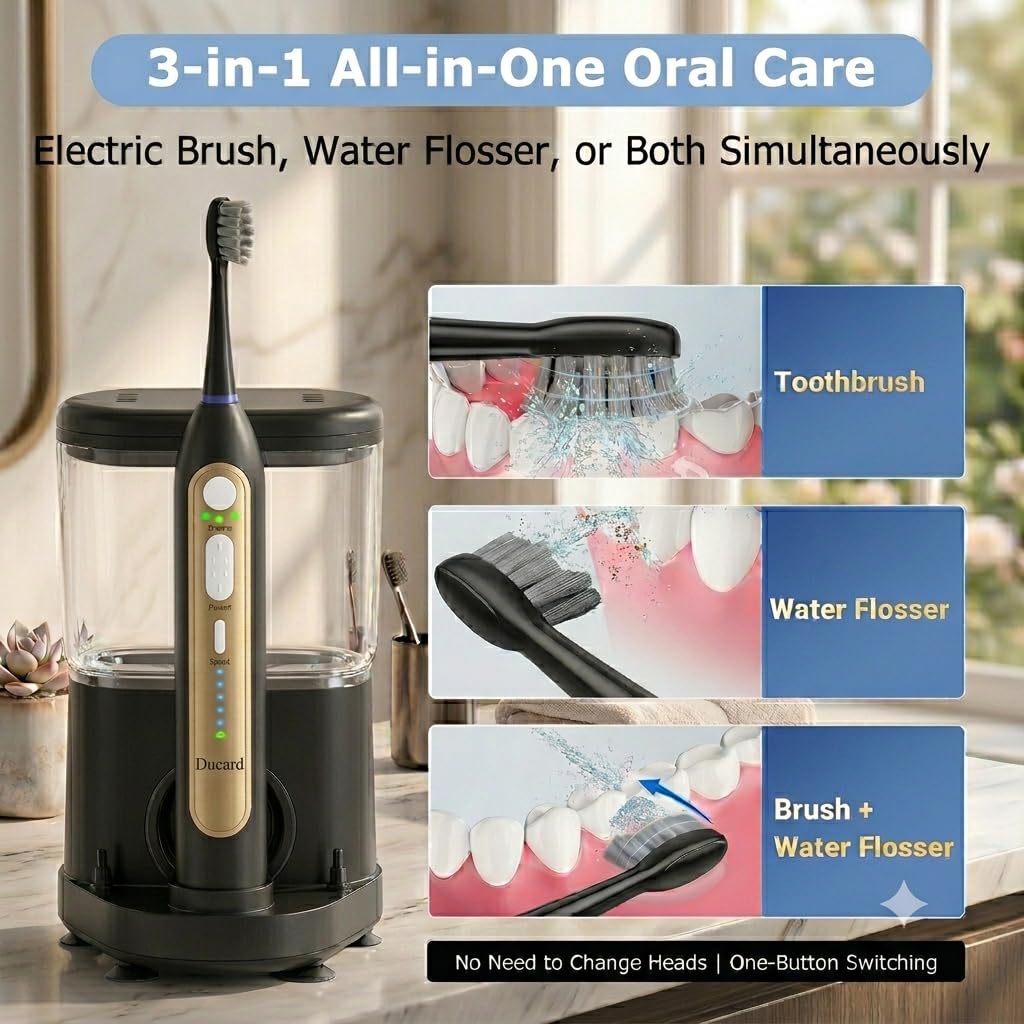 Cepillo de dientes eléctrico con hilo dental de agua, combo de cepillo de dientes mejorado para adultos, 5 velocidades y 3 modos, 30 días/carga para limpieza de dientes y eliminación de placa, dientes